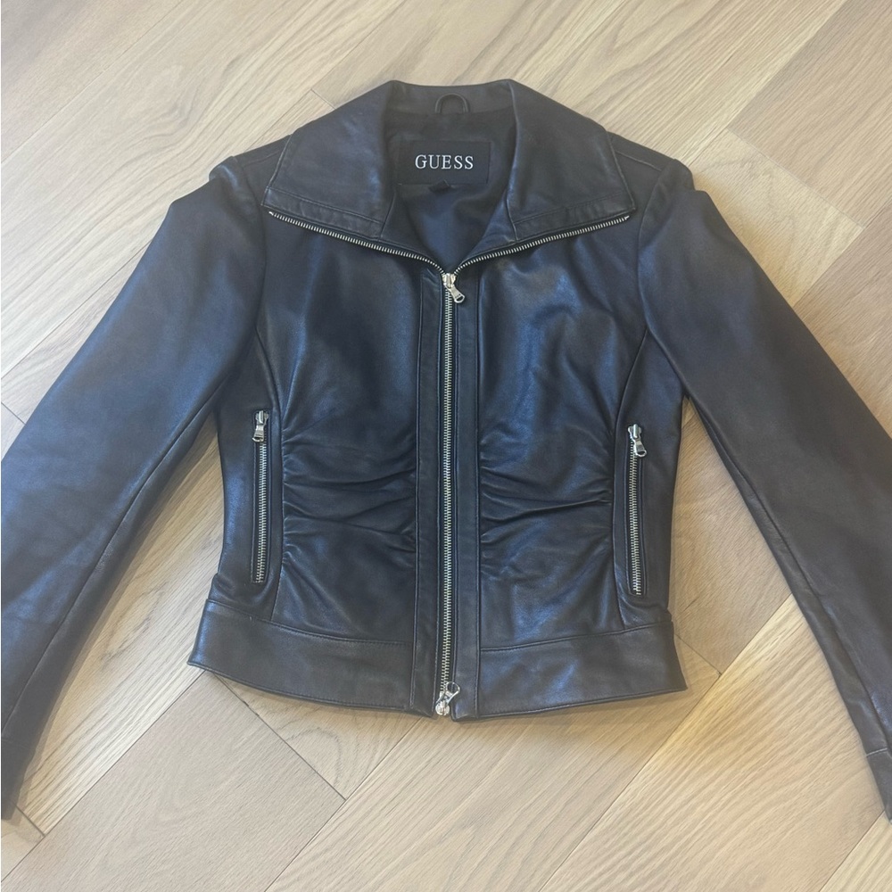 GUESS Black Leather Zip-Front Jacket